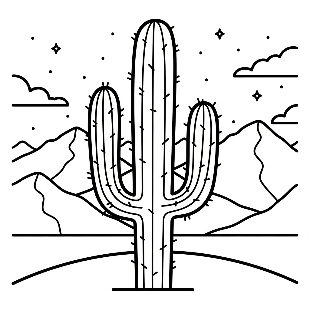 Free Printable Cactus in Mountain Desert Coloring Page for Kids coloring page