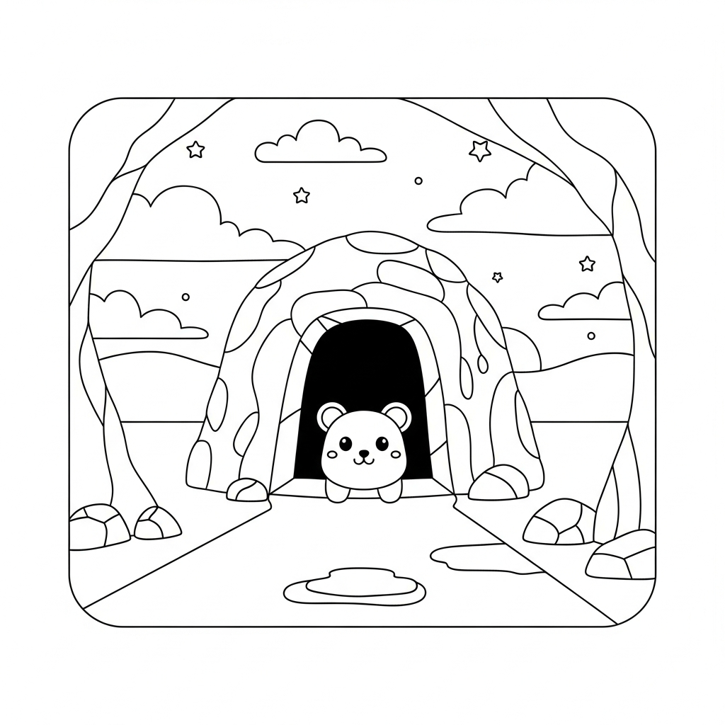 Relaxing Cave Entrance Coloring Page at Sunset coloring page