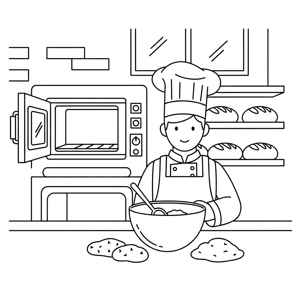 Página para Colorear de un Chef Horneando en una Panadería coloring page