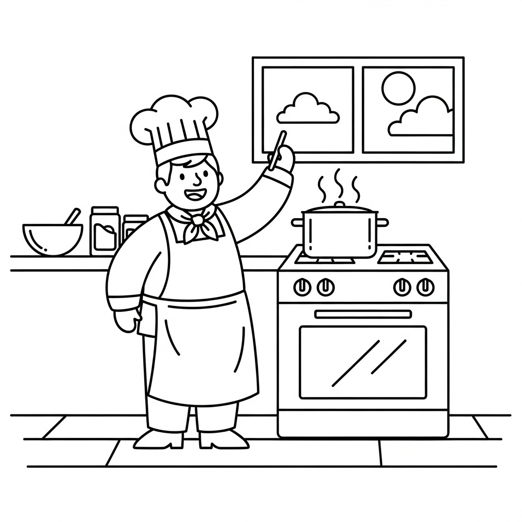 Fun Chef Coloring Page Next to a Stove coloring page