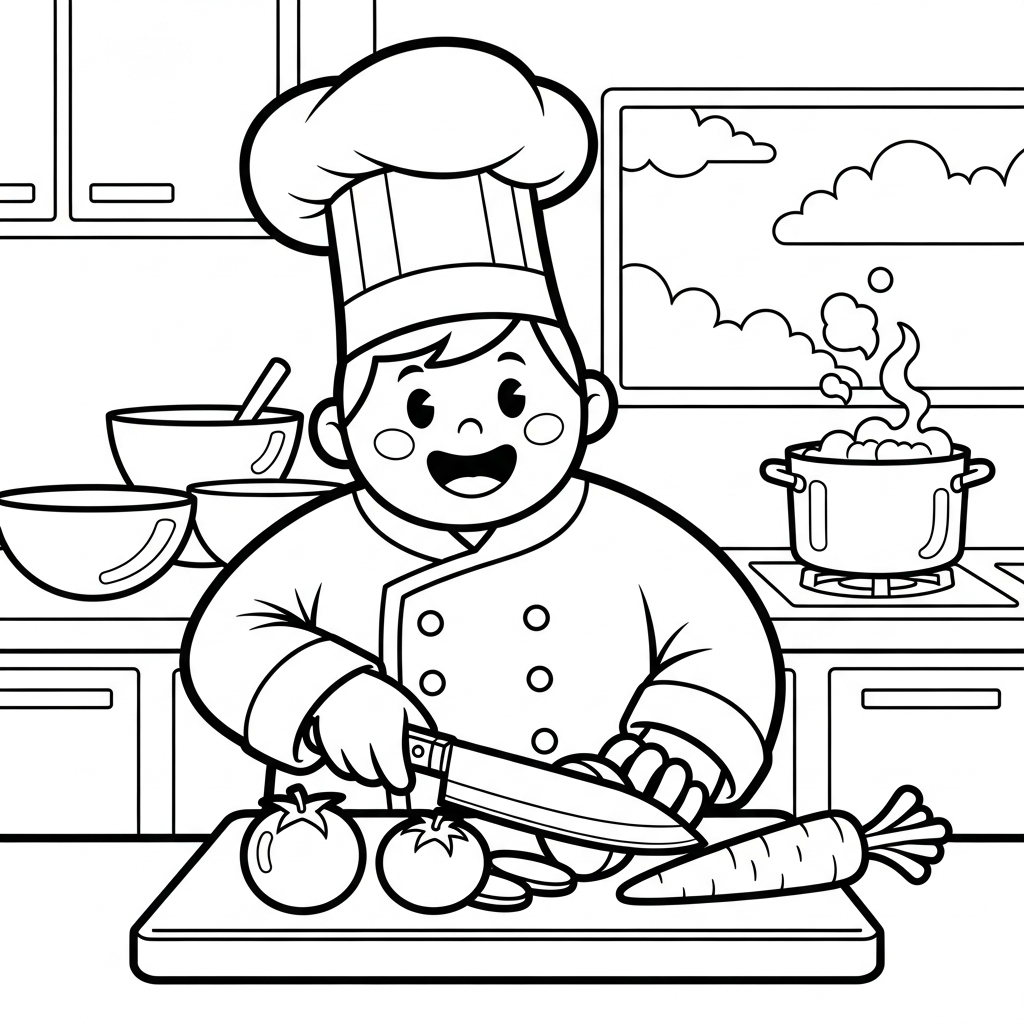 Pagina da Colorare: Chef Semplice che Taglia Ingredienti coloring page printable