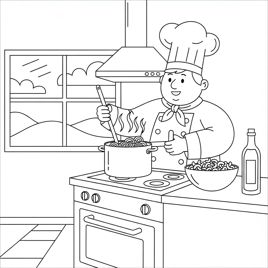 Page de coloriage facile : Chef cuisinier préparant des pâtes dans la cuisine coloring page