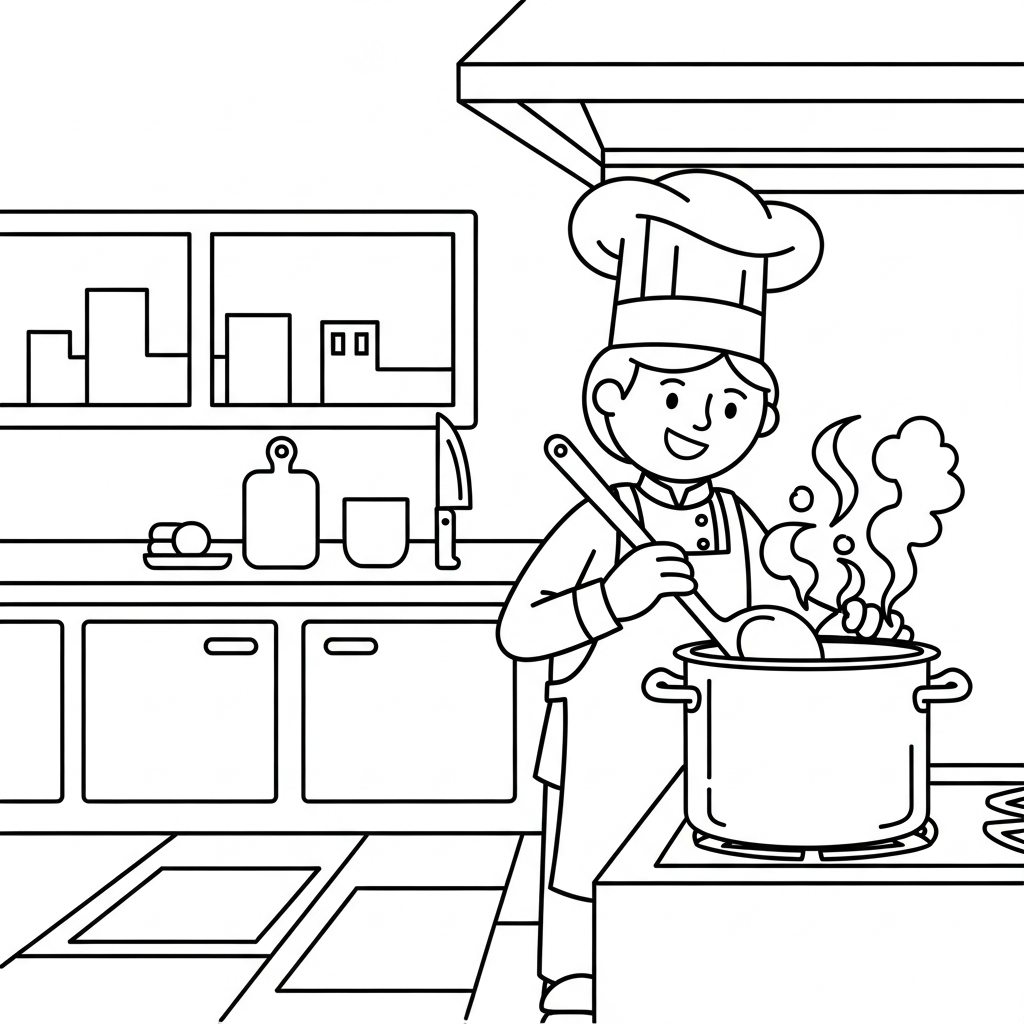 Fun Chef in Restaurant Kitchen Coloring Page for Kids coloring page