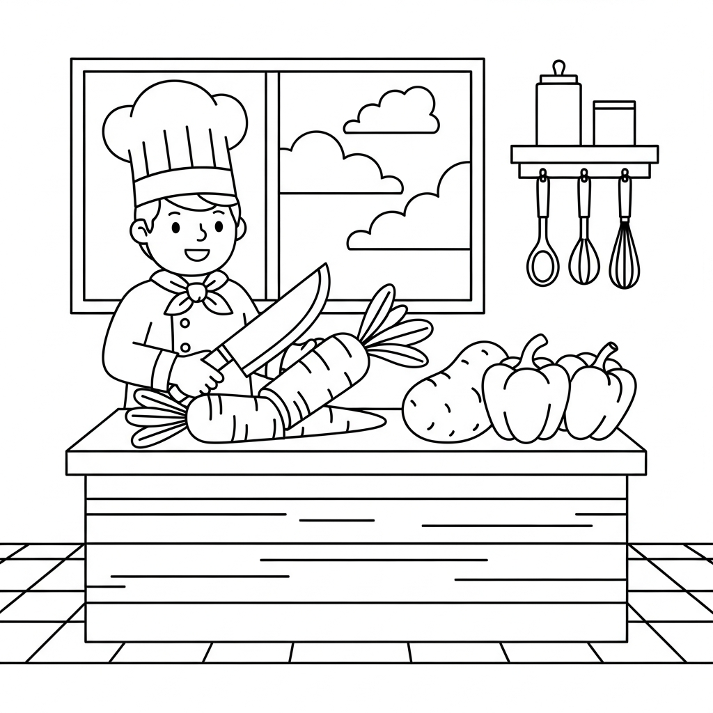 Página para Colorear de un Chef Preparando Verduras Fácil y Sencilla coloring page