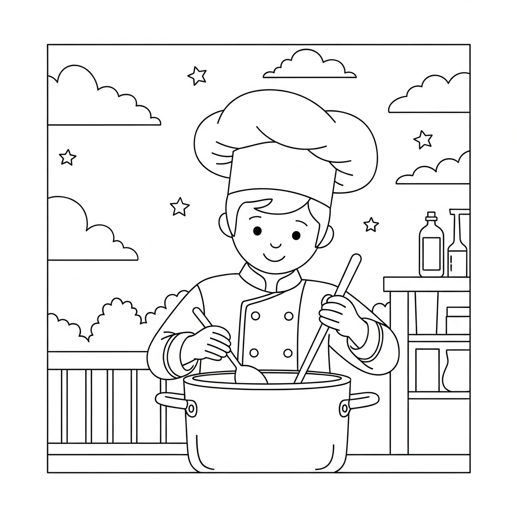 Einfacher Koch rührt in einem Topf Malvorlage coloring page