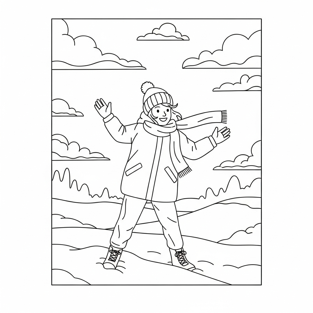 Facile Disegno da Colorare di un Bambino che Gioca nella Neve con una Sciarpa coloring page