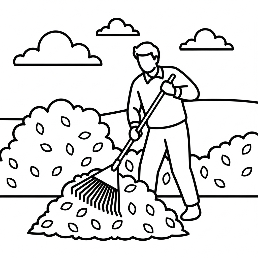 Fun Coloring Page of a Child Raking Leaves in the Garden coloring page