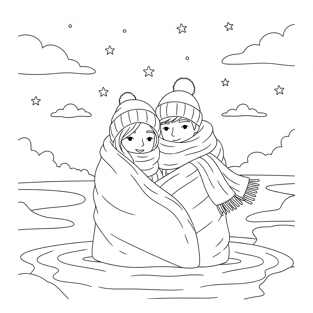 Página para Colorear de Pareja Abrazada en Bufandas en un Lago Congelado coloring page