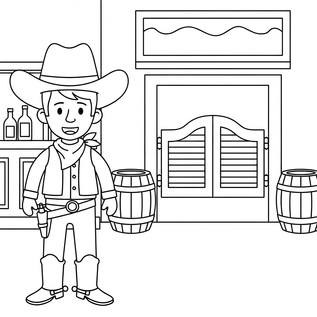 Fun Cowboy at the Western Saloon Coloring Page for Kids coloring page