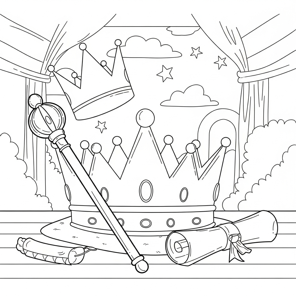 Página para Colorear: Corona Fácil Junto a un Cetro y un Pergamino Real coloring page