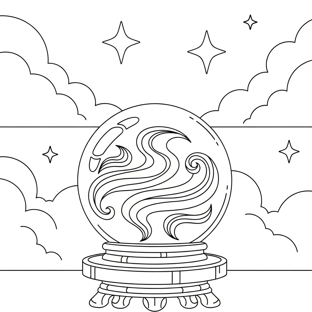 Fun Crystal Ball Coloring Page with Swirling Smoke coloring page