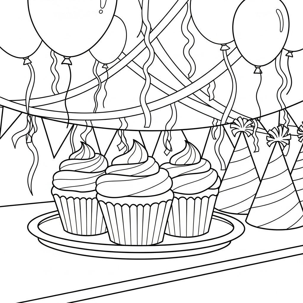 Einfache Cupcake-Platte auf einem Partytisch Ausmalbild coloring page