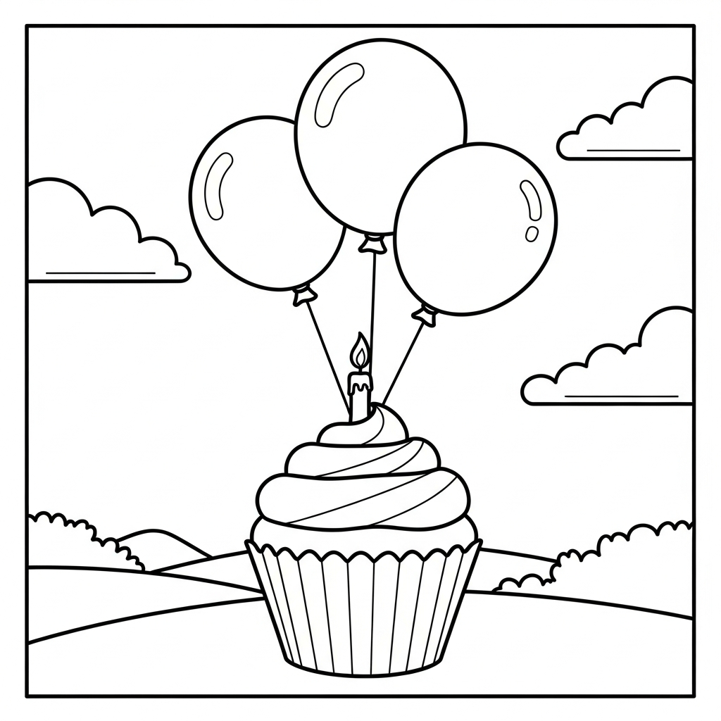 Fun Cupcake Coloring Page with Balloons for Celebrations coloring page