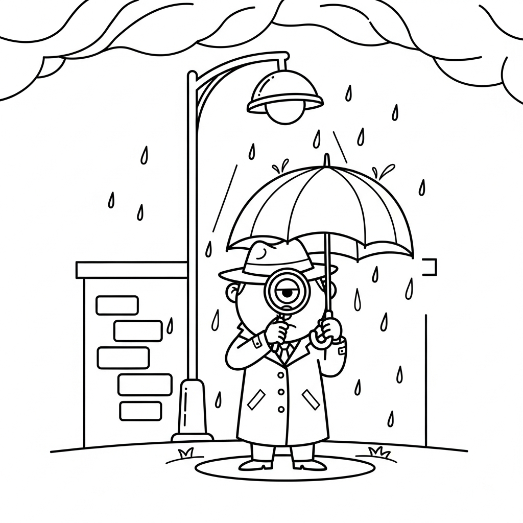 Easy Detective Coloring Page Under a Streetlamp in the Rain coloring page