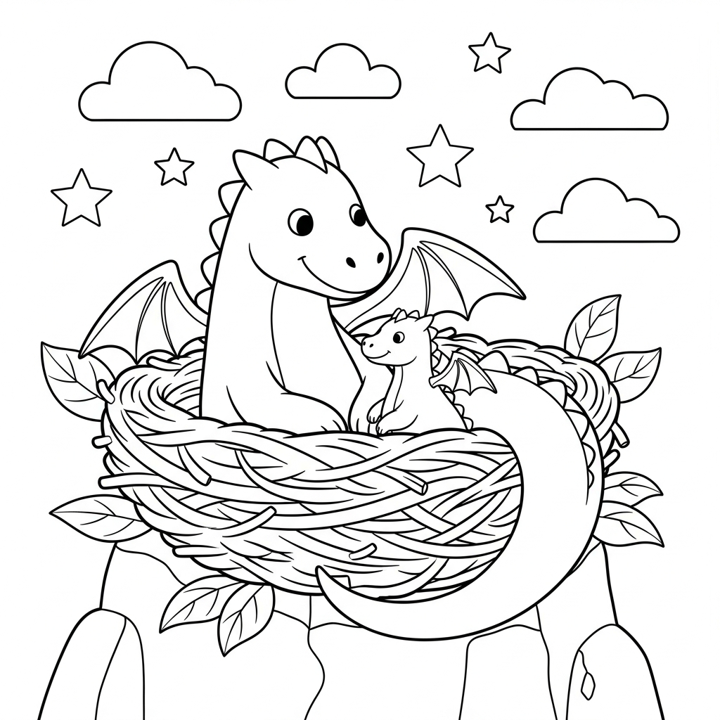 Adorable Dragon and Baby Dragon Nest Coloring Page coloring page
