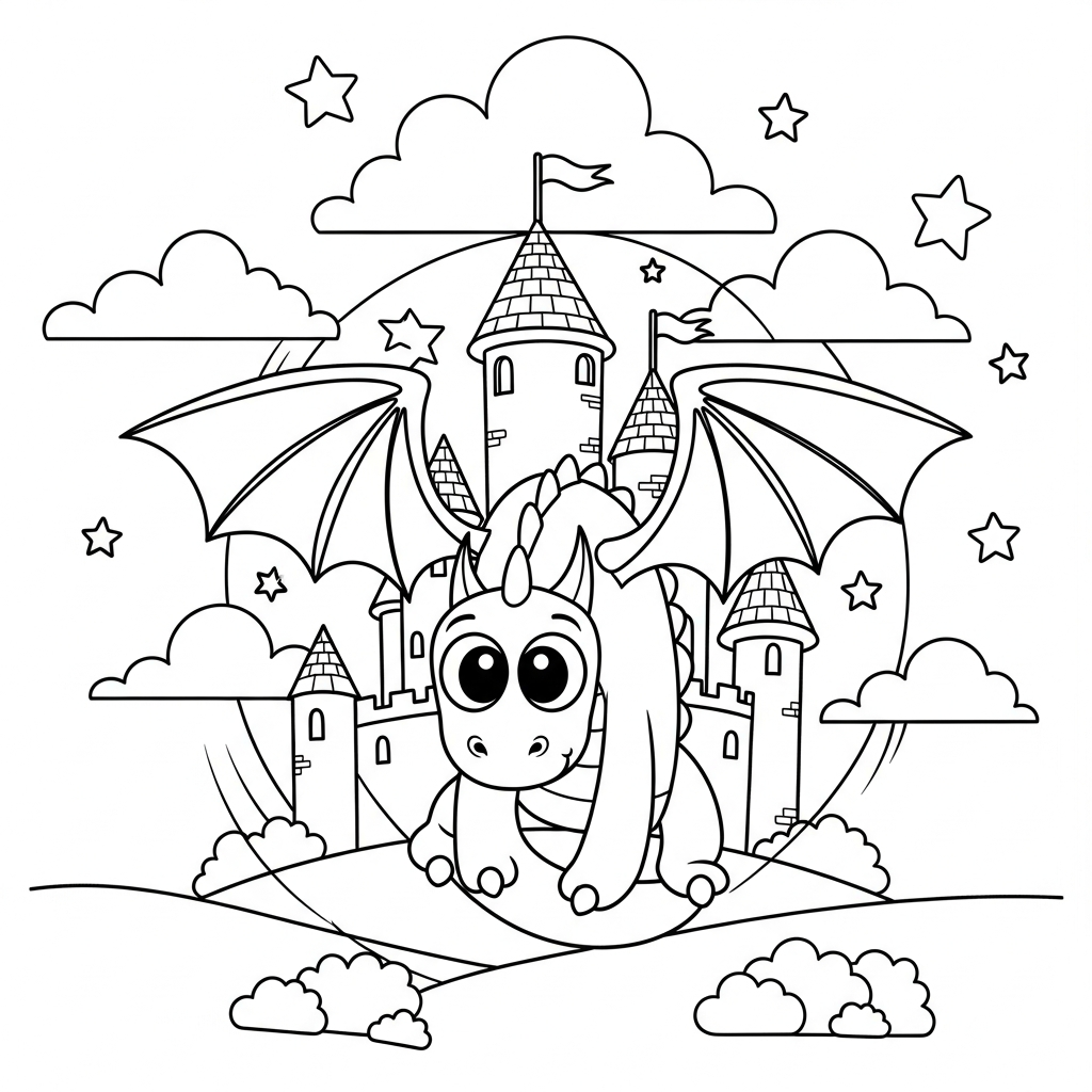 Fun Dragon Flying Around Medieval Castle Coloring Page coloring page