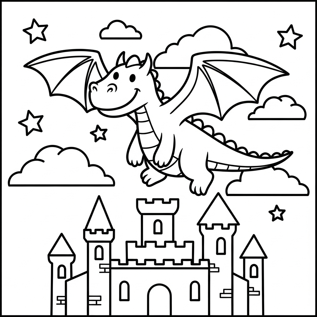 Free Printable Dragon Flying Over Castle Coloring Page for Kids coloring page
