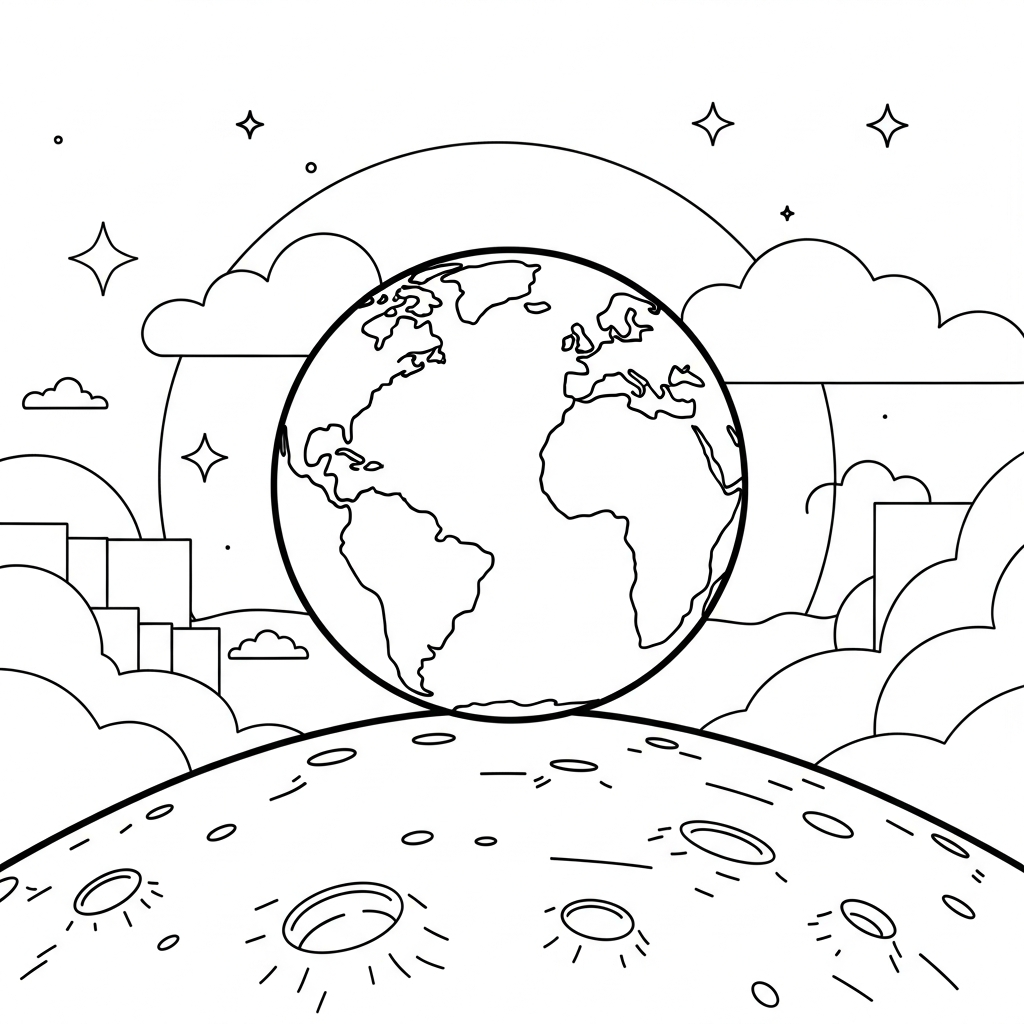Simple Earth Rising Over Moon Coloring Page coloring page