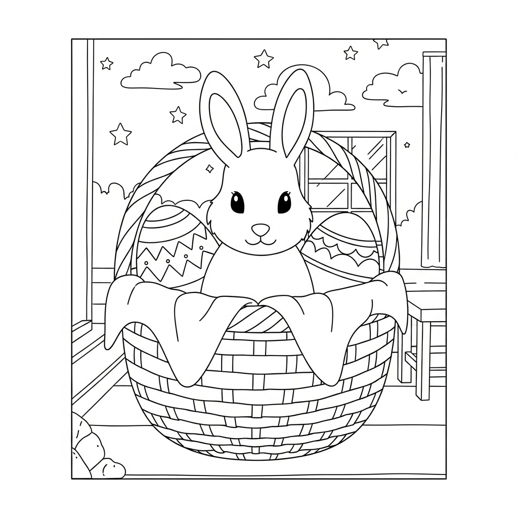 Página para Colorear: Cesta de Pascua en Escena de Granja coloring page printable