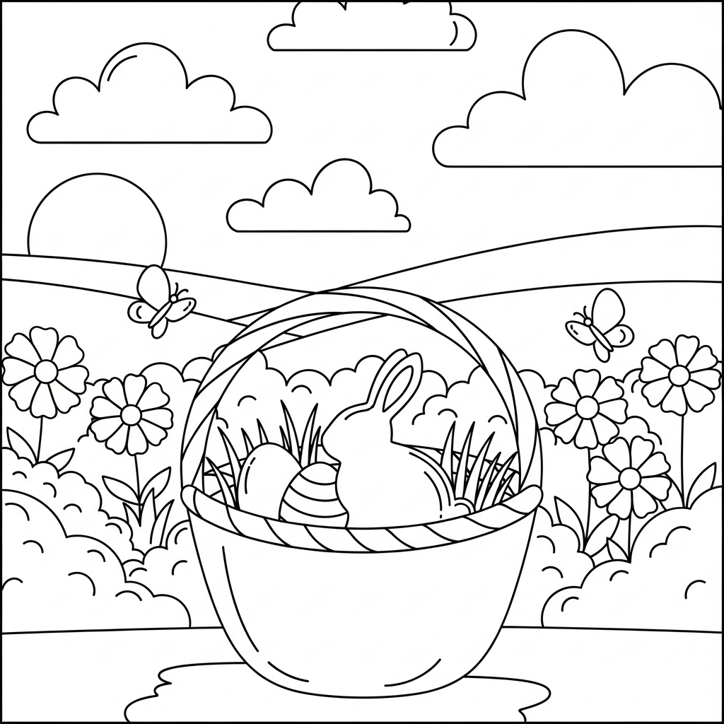 Página para Colorear de Canasta de Pascua Simple en el Jardín coloring page printable