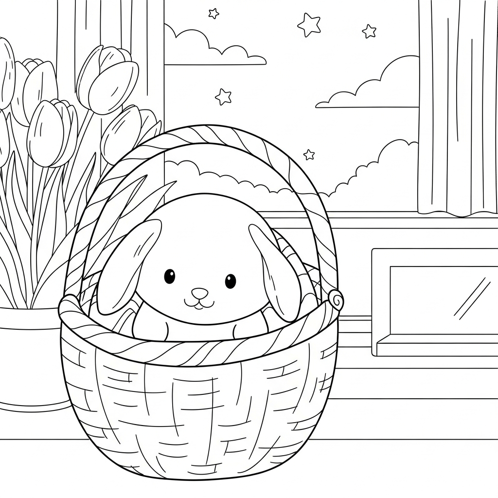 Fun Easter Basket Coloring Page with Tulips for Kids coloring page