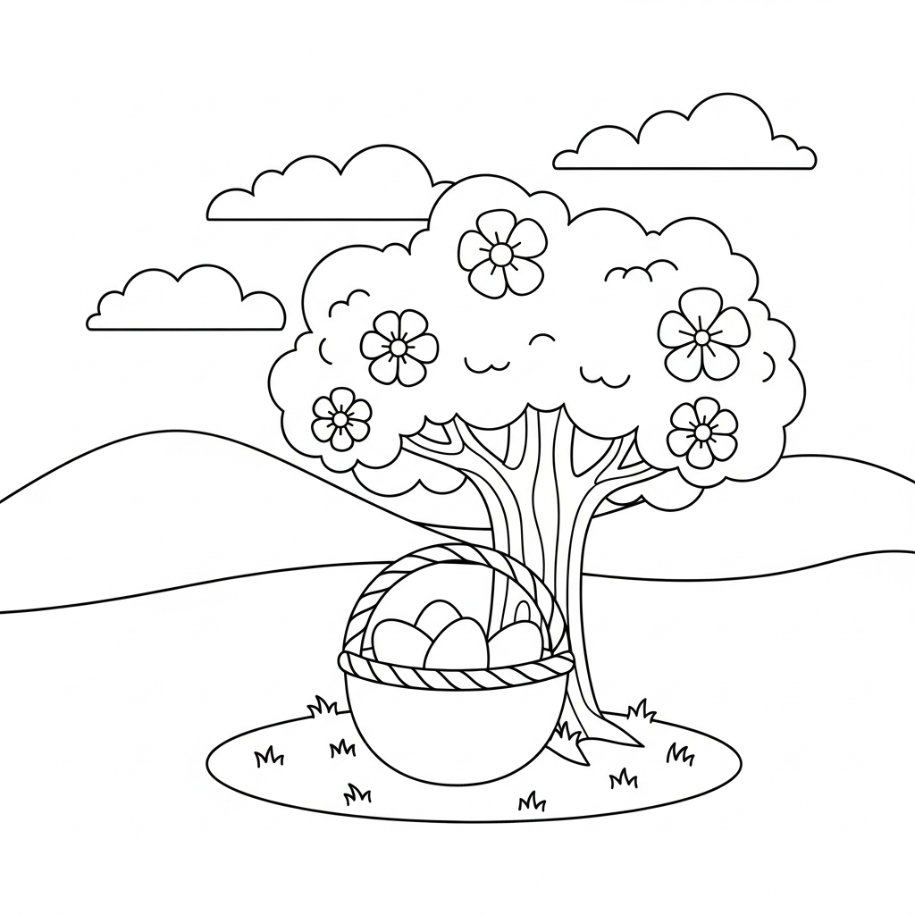Fácil Dibujo para Colorear: Cesta de Pascua Bajo un Árbol de Primavera coloring page printable