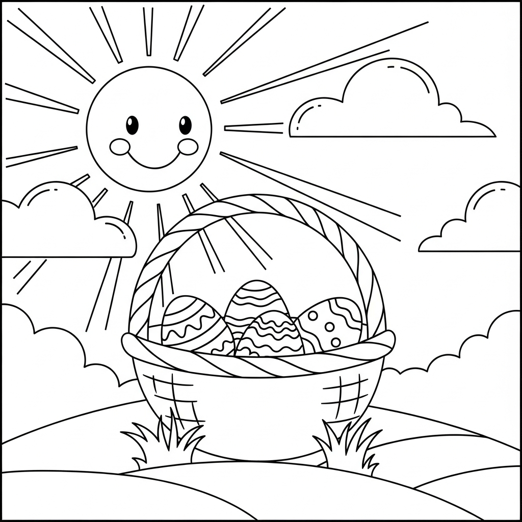 Página para Colorear Fácil: Cesta de Pascua con Huevos Decorados coloring page printable