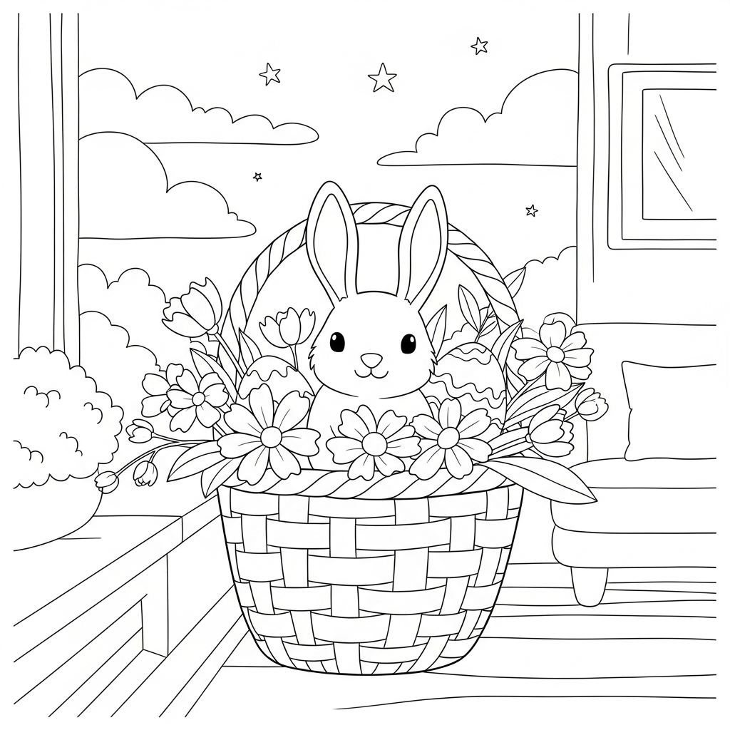 Eenvoudige Kleurenpagina van een Paasmand met Bloemen coloring page