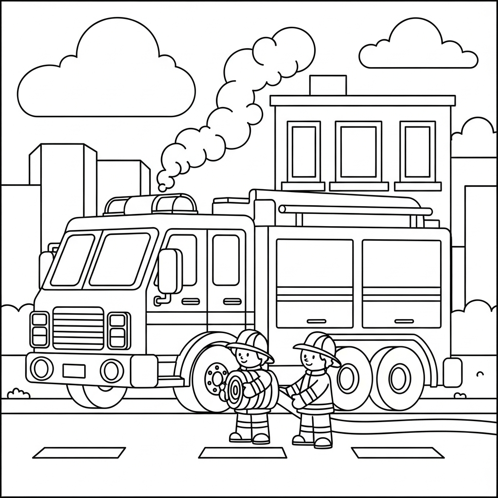 Easy Fire Truck Coloring Page Featuring Firefighters at an Emergency coloring page