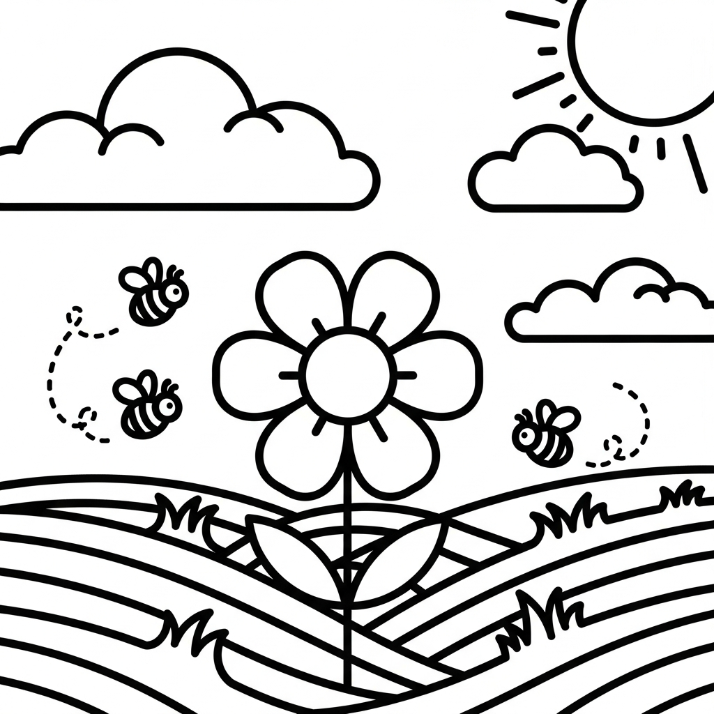 Charming Flower with Buzzing Bees Coloring Page coloring page