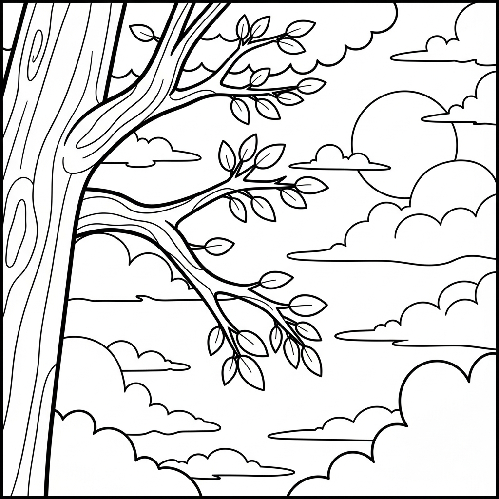 Pagina da Colorare Facile della Chioma di Boschi con Scena di Mattina Nebbiosa coloring page