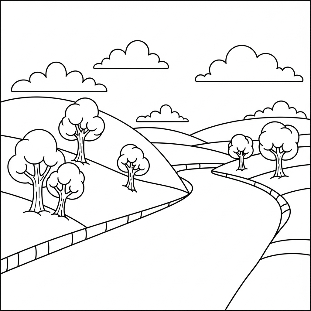 Facile Pagina da Colorare: Fiume nella Foresta coloring page