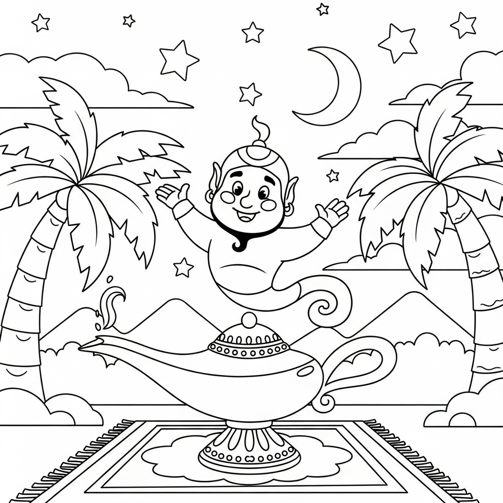 Colorazione Facile del Genio che Emerge dalla Lampada Magica coloring page