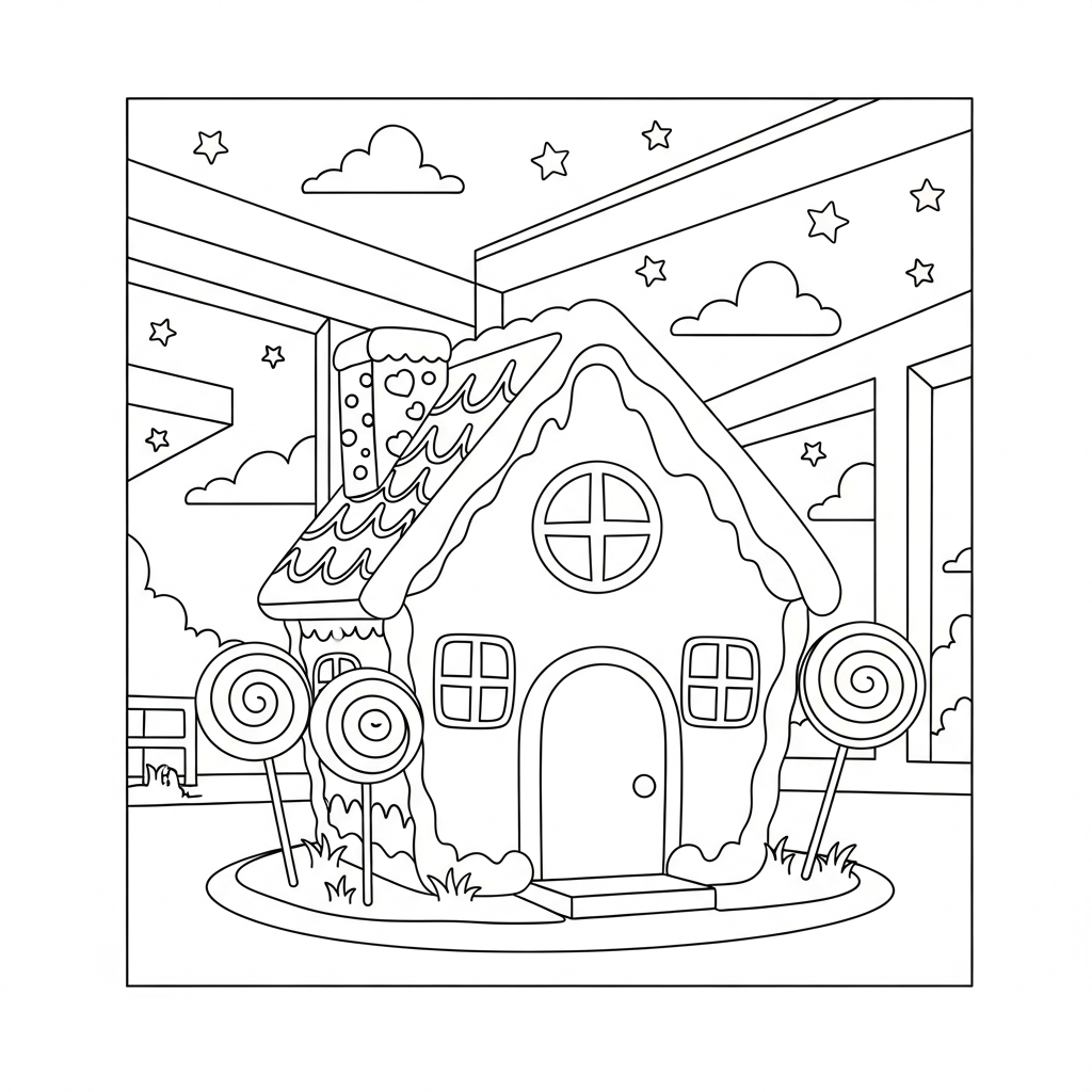 Printable Gingerbread House Coloring Page with Lollipop Garden coloring page