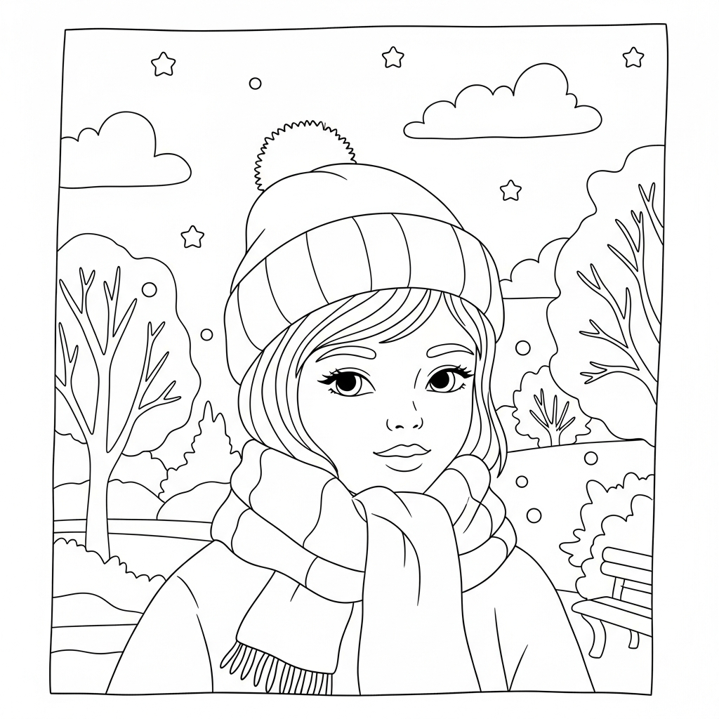 Pagina da Colorare Facile: Ragazza con Sciarpa Invernale nel Parco Nevoso coloring page