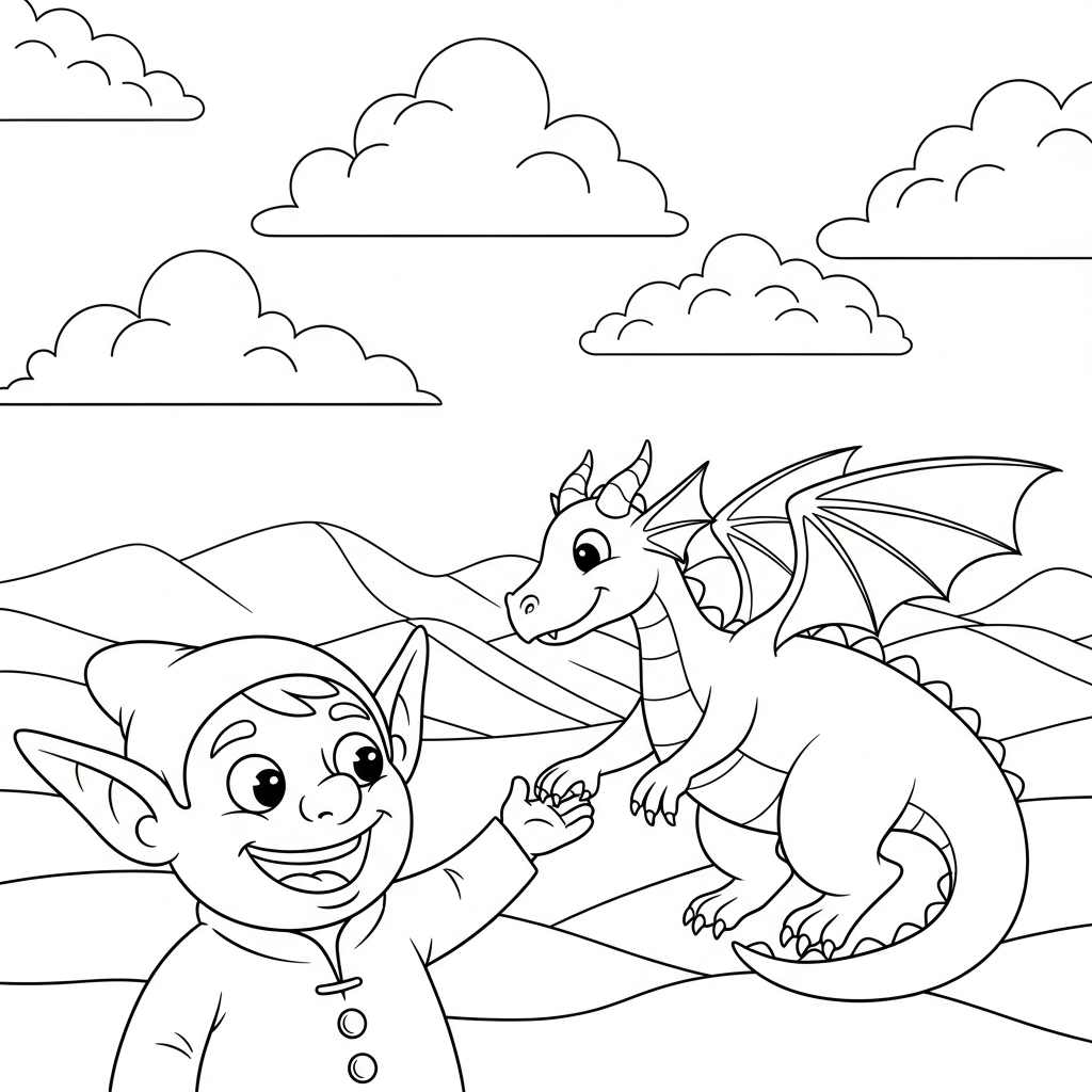 Fun Goblin and Dragon Coloring Page for Kids coloring page