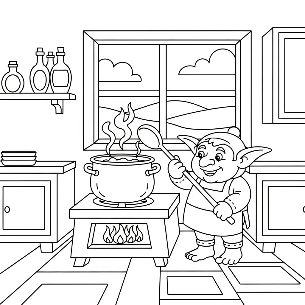 Página para Colorear de un Duende Cocinando Poción Fácil y Sencilla coloring page