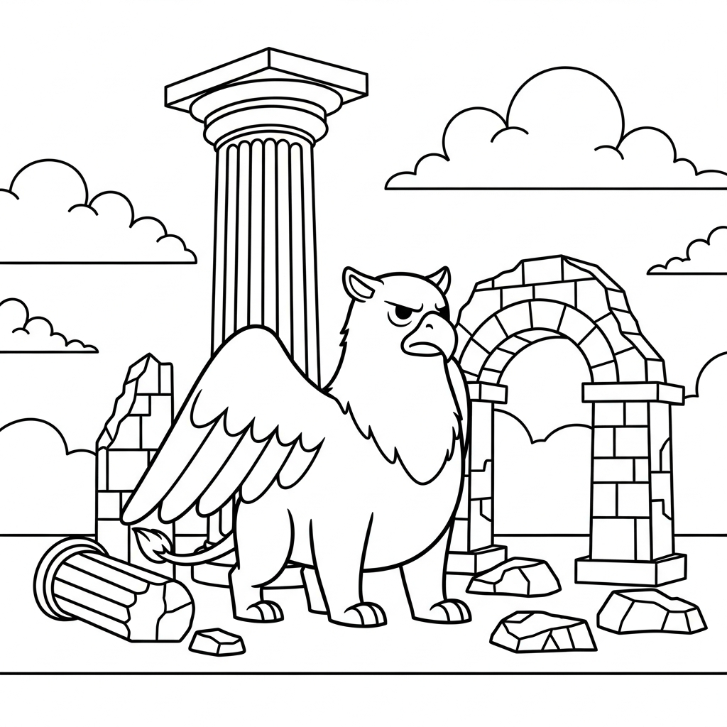 Griffin Coloring Page in Ancient Ruins - Easy & Fun coloring page