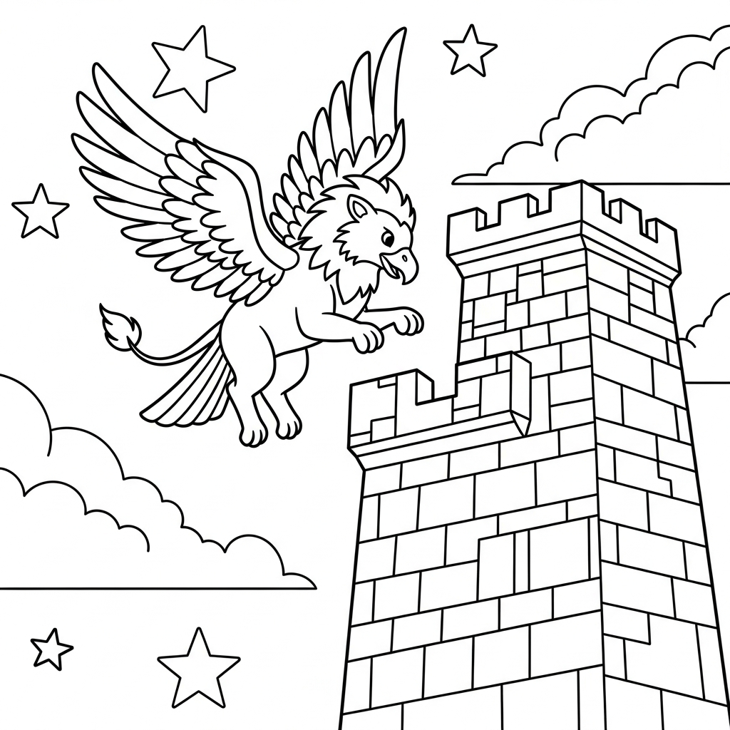 Easy Griffin Coloring Page of a Griffin Landing on a Tower coloring page