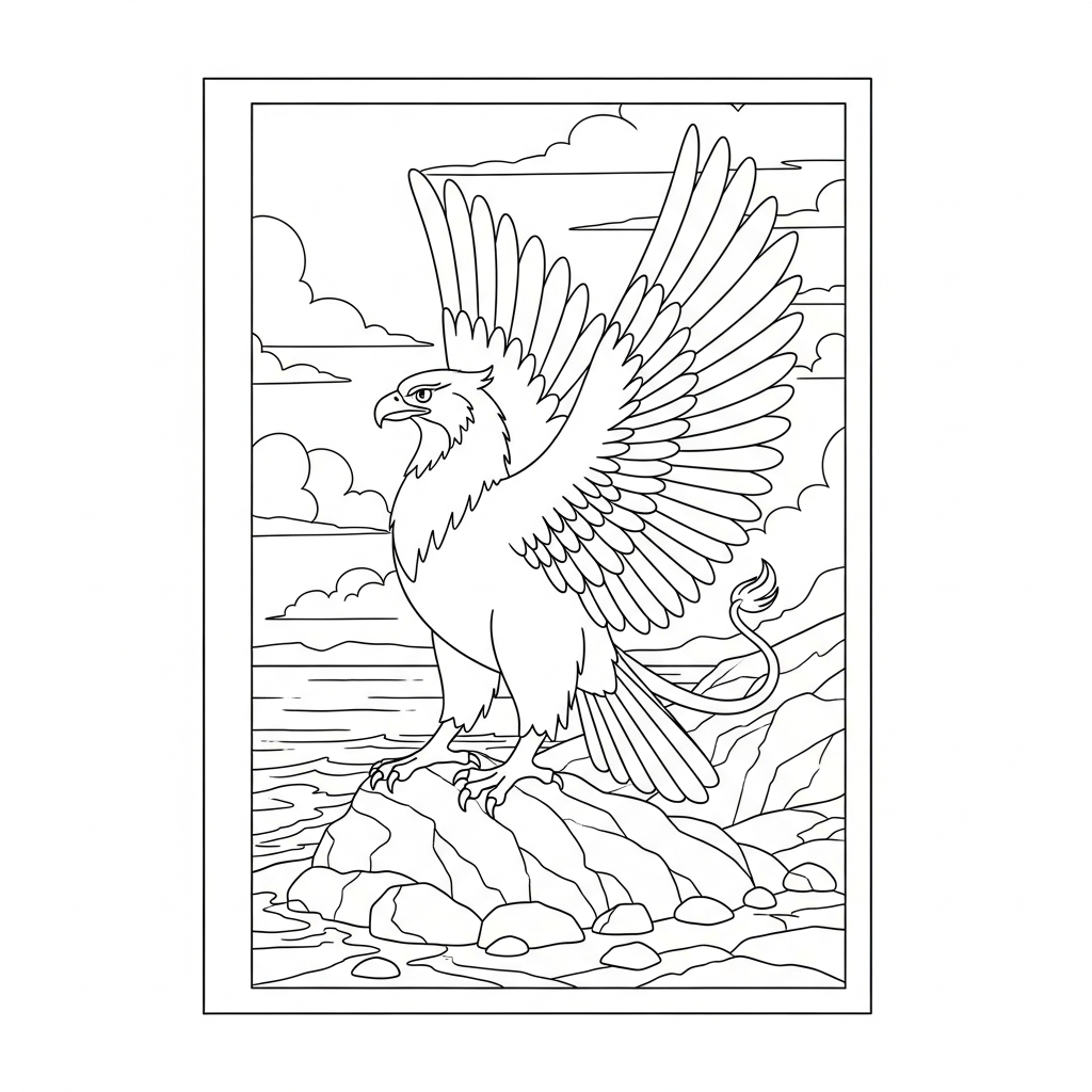 Fun Griffin Coloring Page by the Rocky Shore coloring page