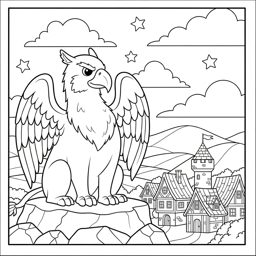 Colora un Facile Grifone che Protegge un Villaggio Medievale coloring page