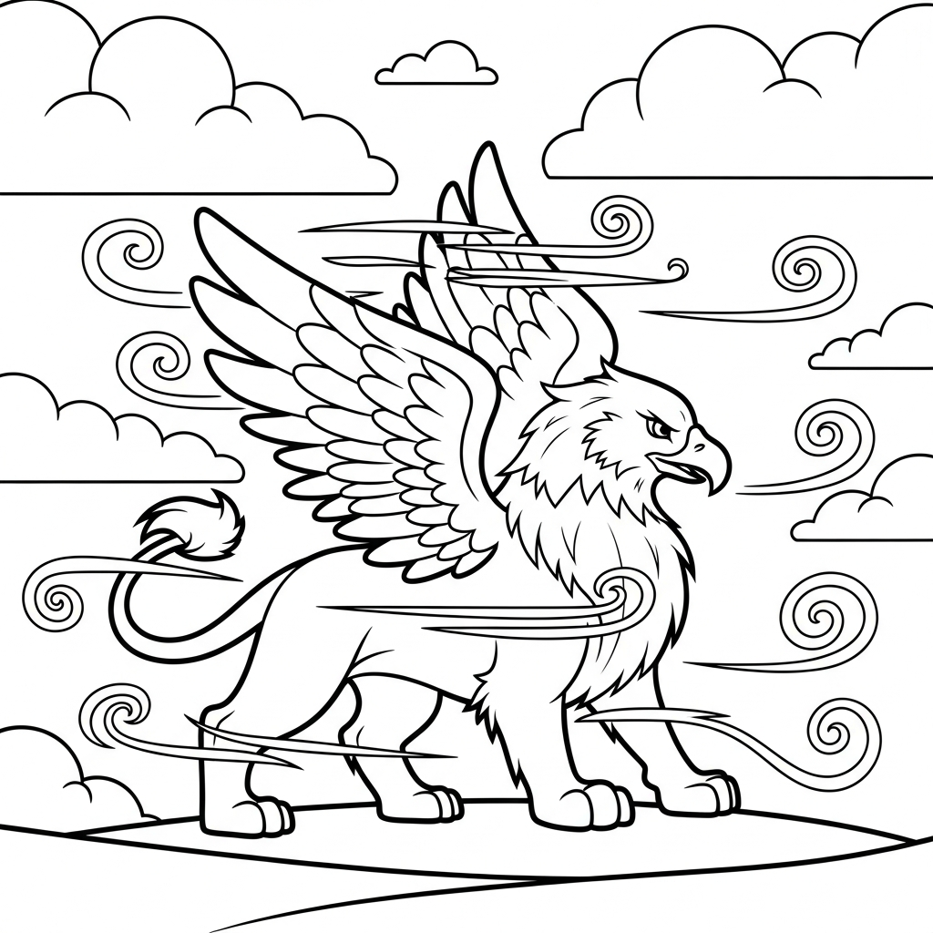 Griffin Coloring Page with Swirling Wind - Easy & Fun coloring page
