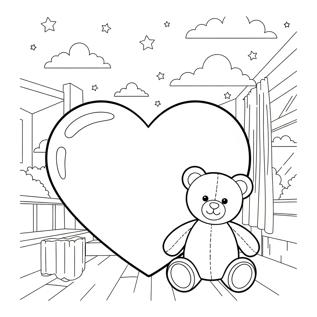 Page à Colorier Cœur et Ourson Simple et Facile coloring page printable