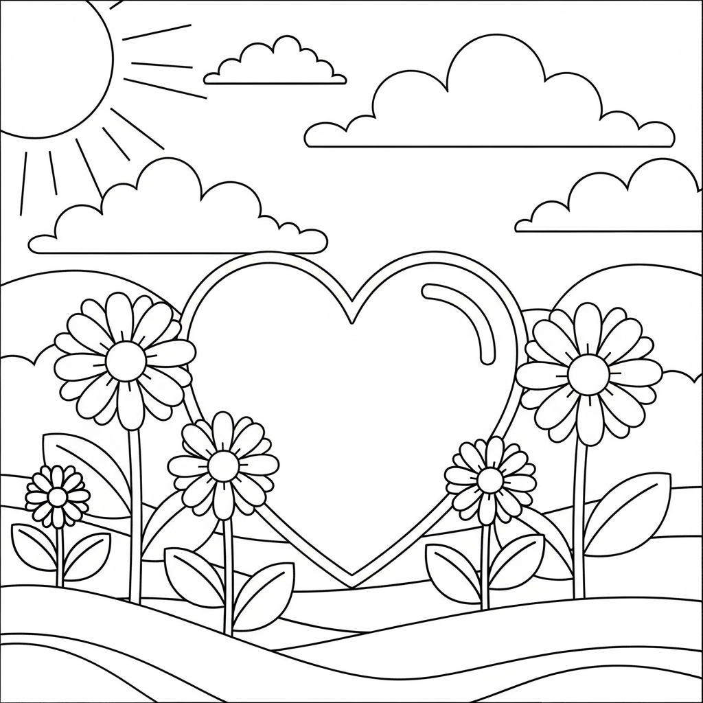 Coloriage de cœur simple dans un jardin coloring page printable