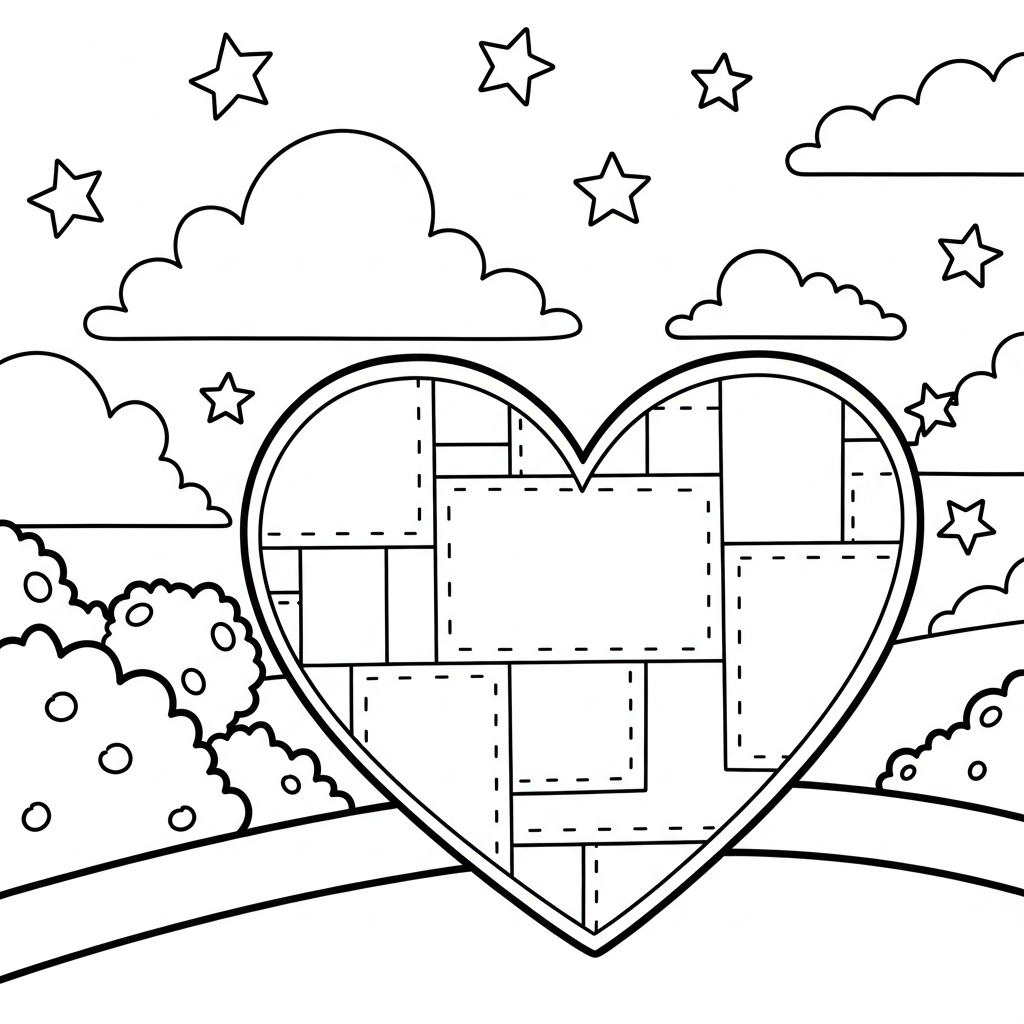 Charming Heart Patchwork Coloring Page for Kids coloring page