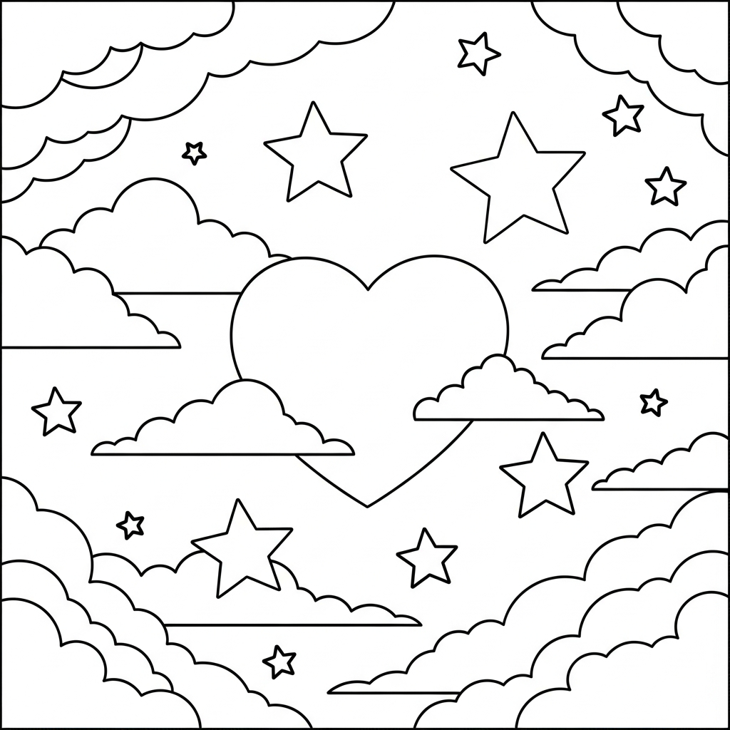 Adorable Heart Surrounded by Stars Coloring Page for All Ages coloring page
