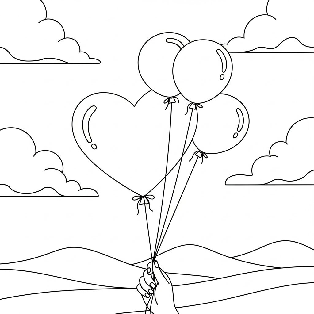 Page à Colorier Cœur Simple avec Ballons coloring page printable