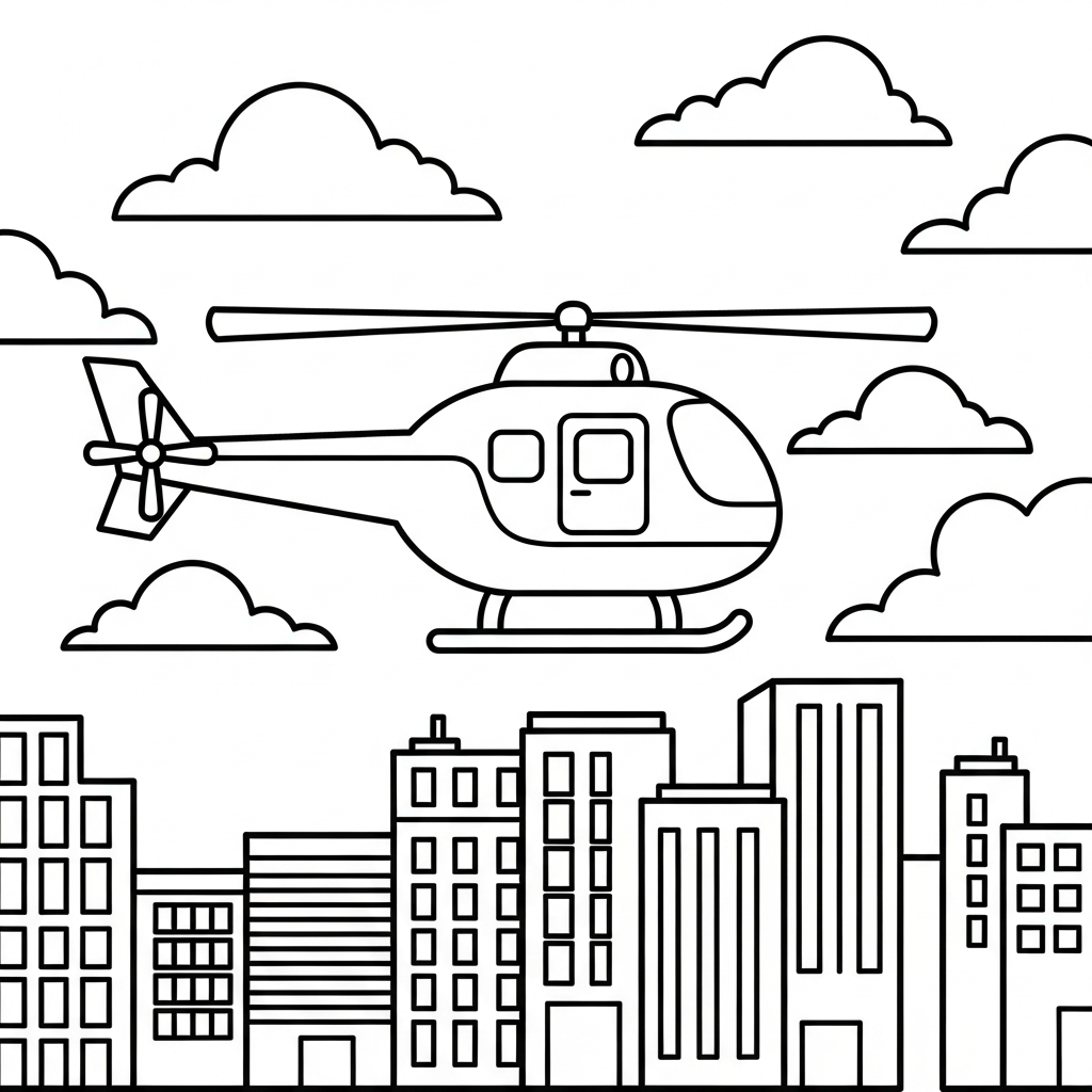 Páginas para Colorir: Helicóptero Voando Sobre a Cidade coloring page