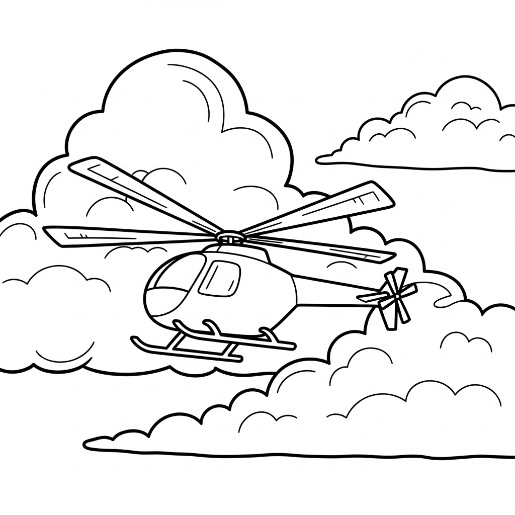 Fun Helicopter Coloring Page with Clouds for Kids coloring page