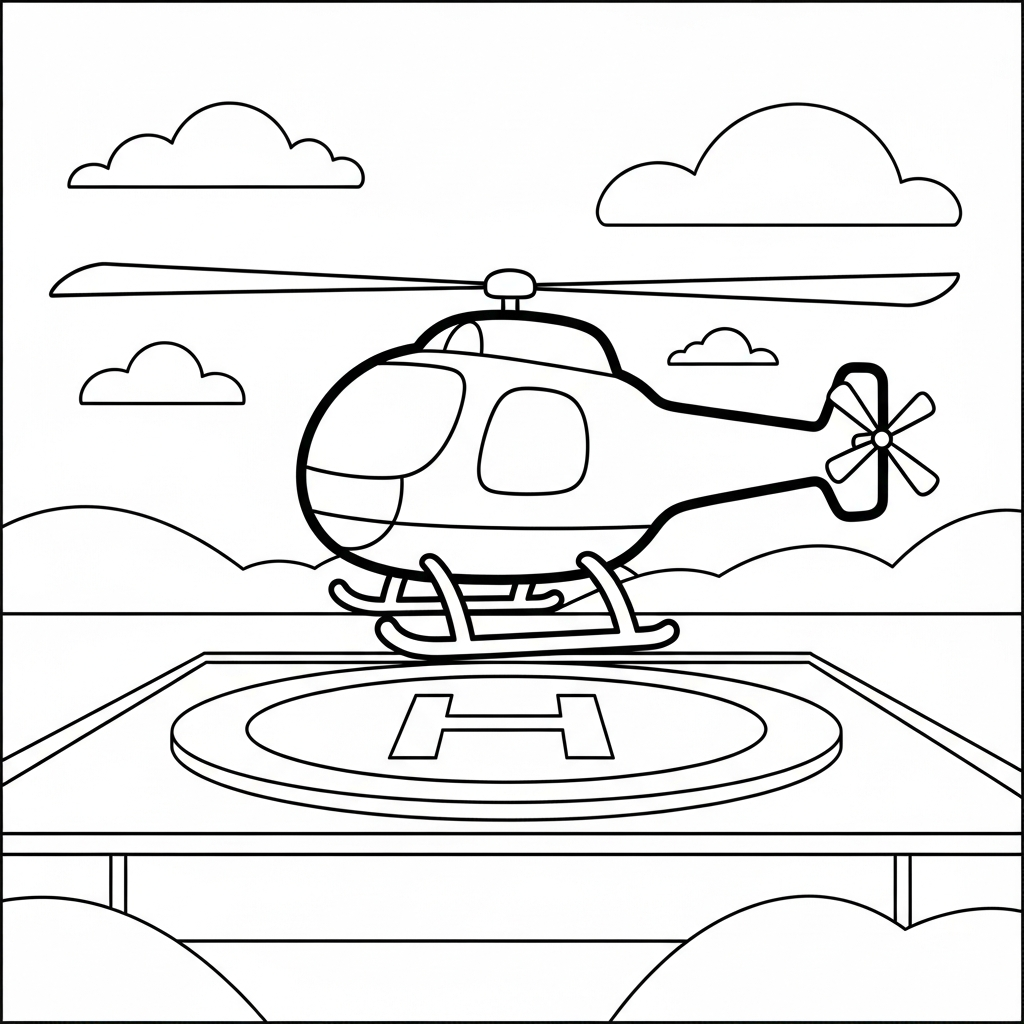 Dibujo para Colorear de un Helicóptero Aterrizando en una Plataforma coloring page printable